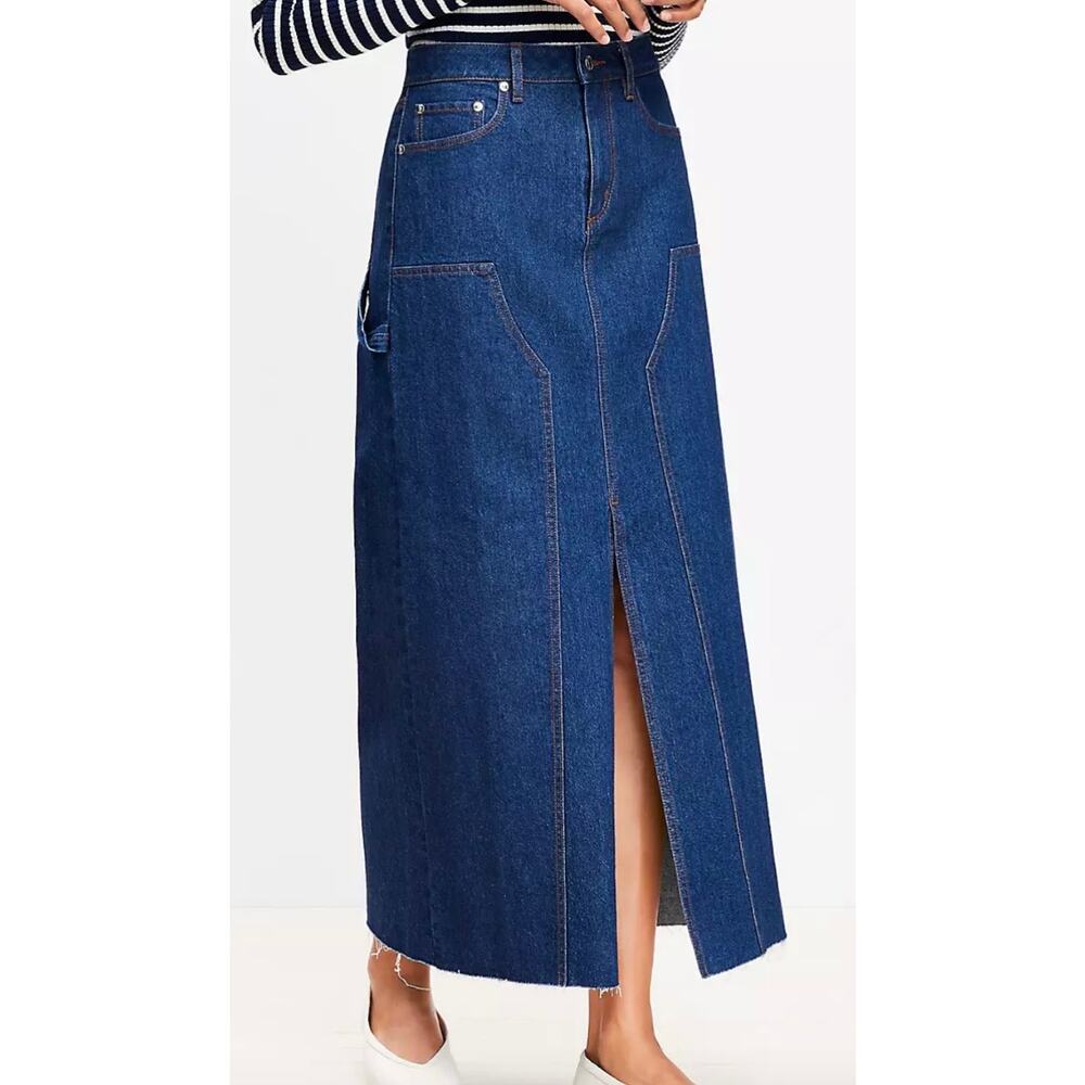 Loft Denim Blue Utility Maxi Skirt Front Split Size 2